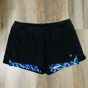 Women's Black Athletic Shorts with Blue Pattern